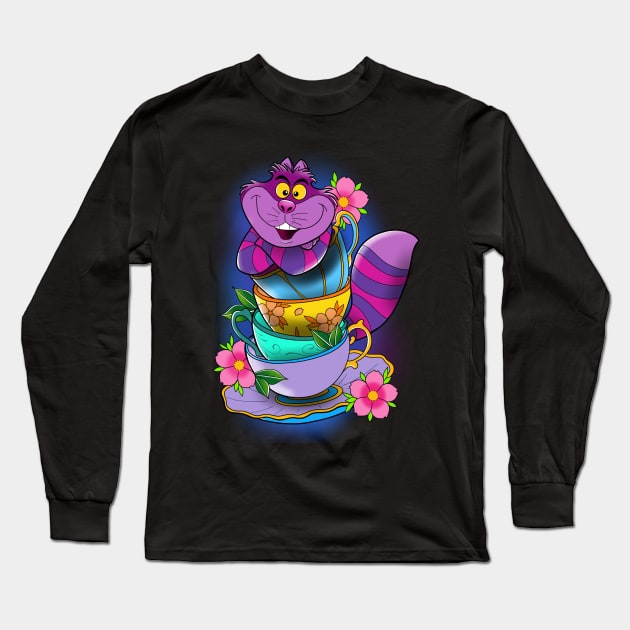 Tea time with Cheshire Cat! Long Sleeve T-Shirt by Jurassic Ink